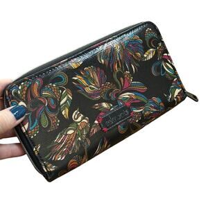 Sakroots zip around wallet clutch purse brown birds coated canvas coin pocket